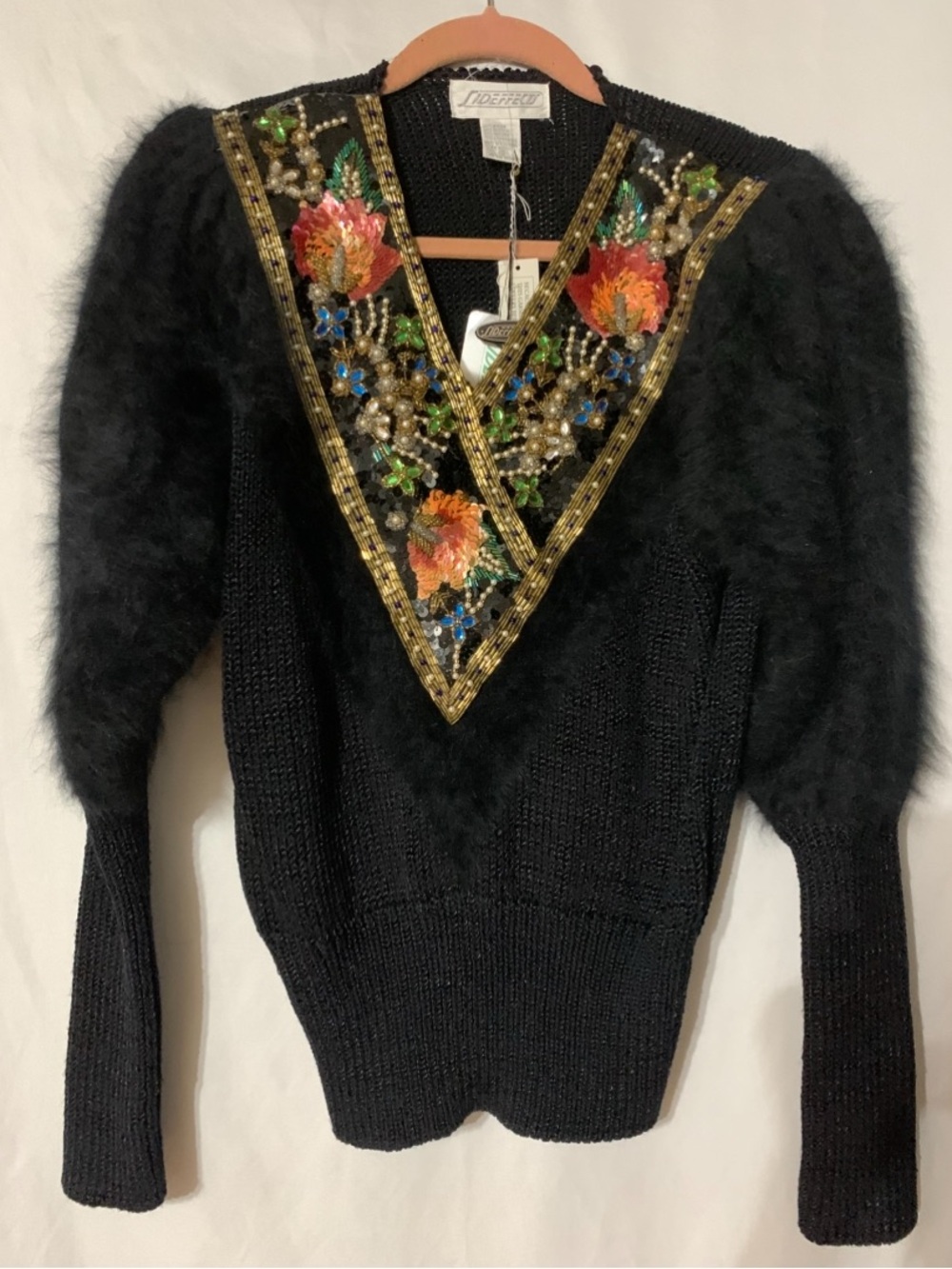Vtg. '80 Sideffects Small Black Sweater Fur Sleeves Lots of Bling NWT Hong Kong